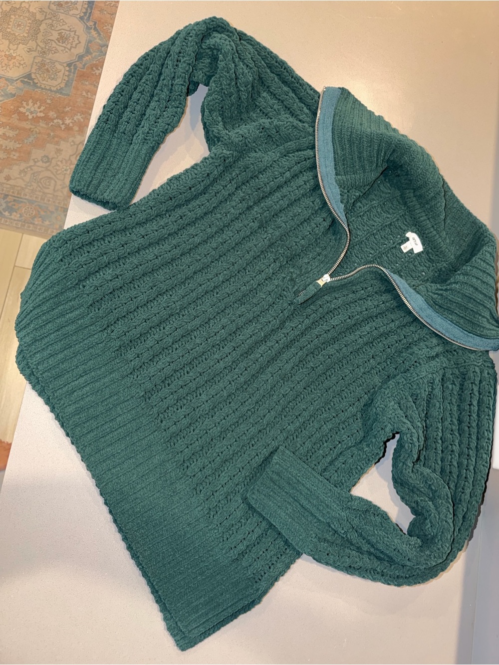 AERIE chunky SIZE SMALL Cable Knit quarter zip Sweater forest deep Green